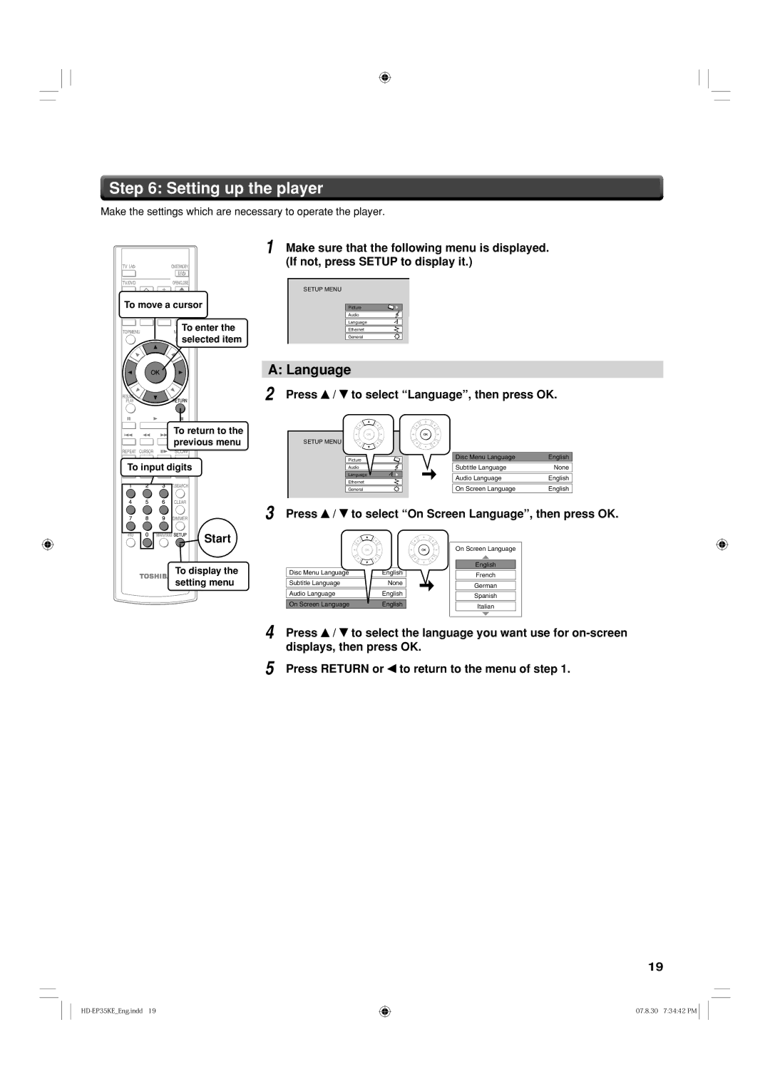 Toshiba HD-EP35KB manual Setting up the player, Press / to select Language, then press OK, Start 