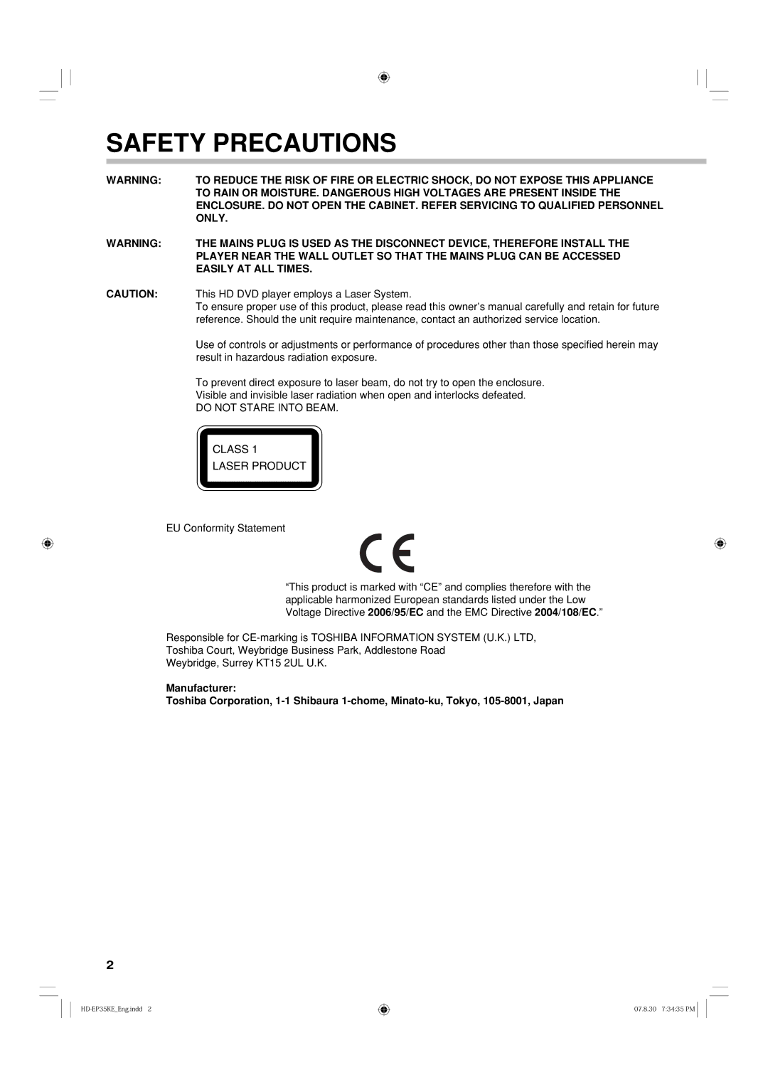 Toshiba HD-EP35KB manual This HD DVD player employs a Laser System, Result in hazardous radiation exposure 