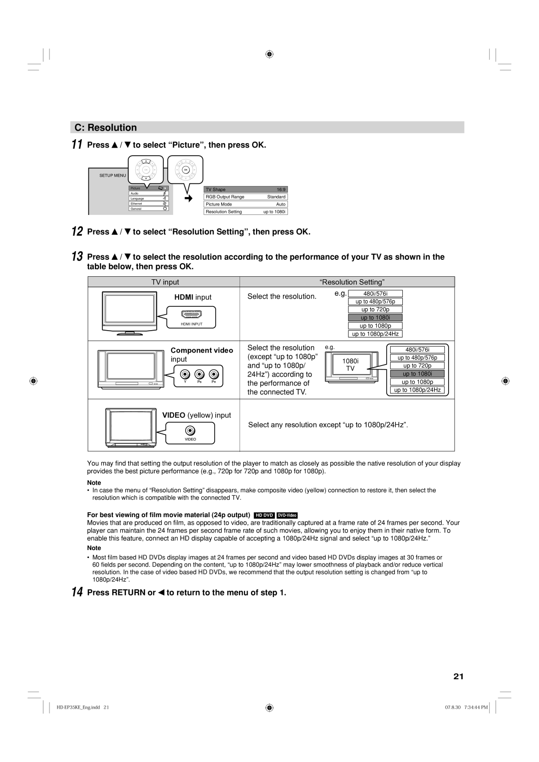 Toshiba HD-EP35KB manual Press To select Picture, then press OK, Press To select Resolution Setting, then press OK 