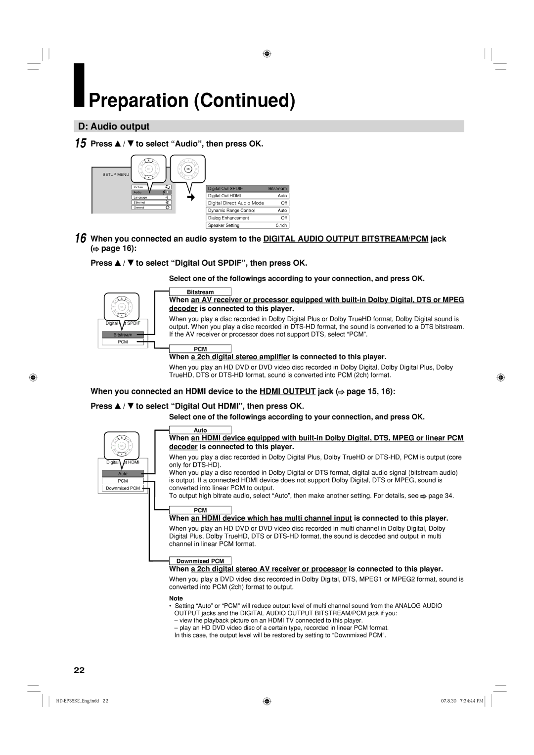 Toshiba HD-EP35KB manual Audio output, Press / to select Audio, then press OK 