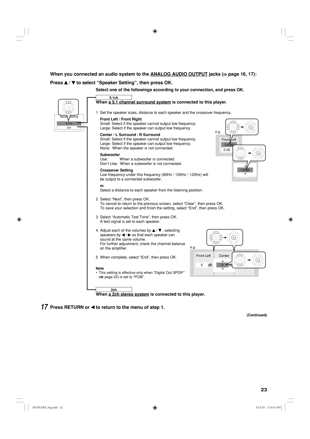 Toshiba HD-EP35KB manual When a 2ch stereo system is connected to this player, Front Left / Front Right, Subwoofer 