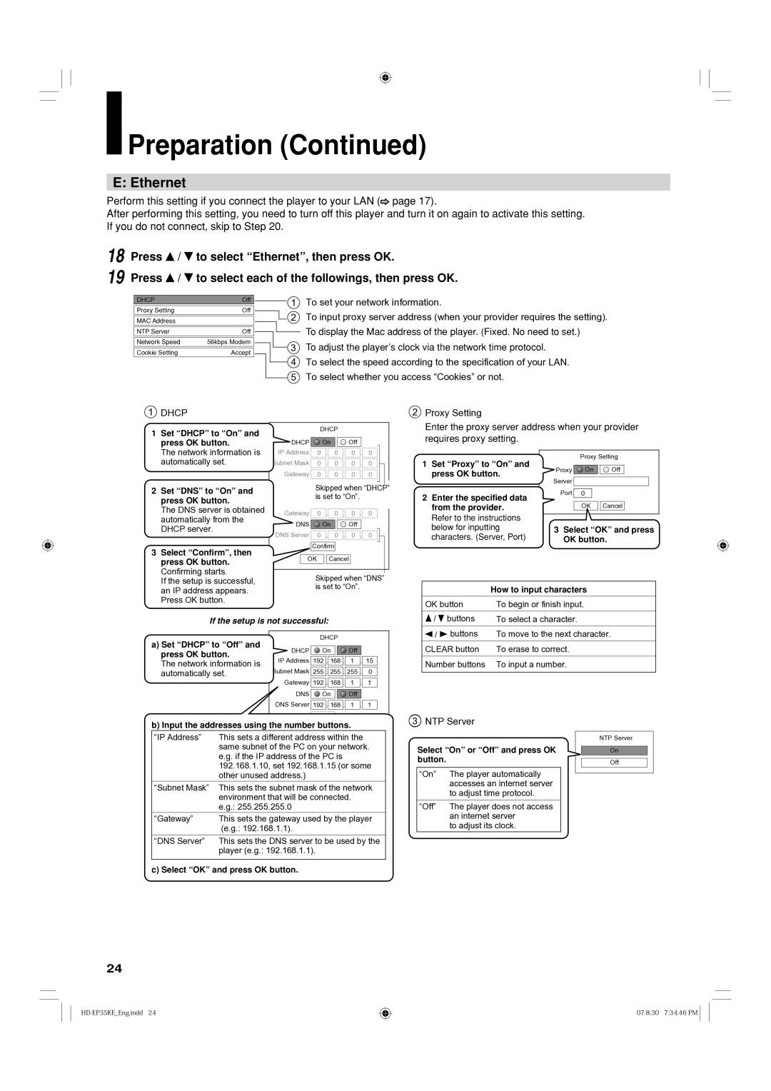 Toshiba HD-EP35KB manual Ethernet, To adjust the player’s clock via the network time protocol, Requires proxy setting 