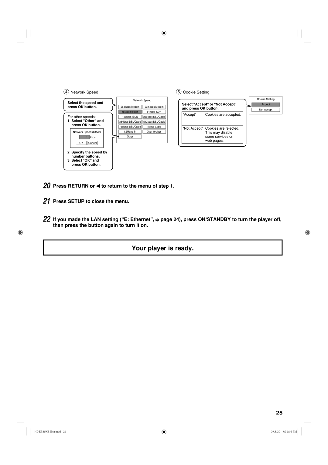 Toshiba HD-EP35KB manual Network Speed, Cookie Setting 