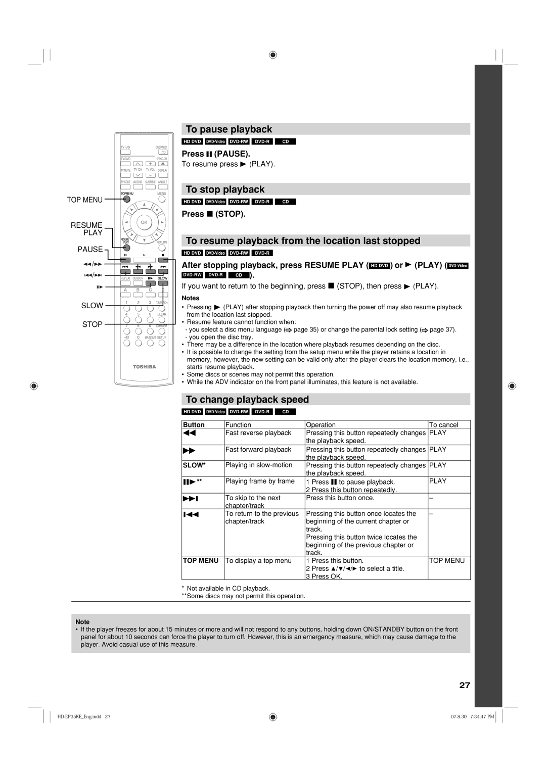 Toshiba HD-EP35KB manual To pause playback, To stop playback, To resume playback from the location last stopped 