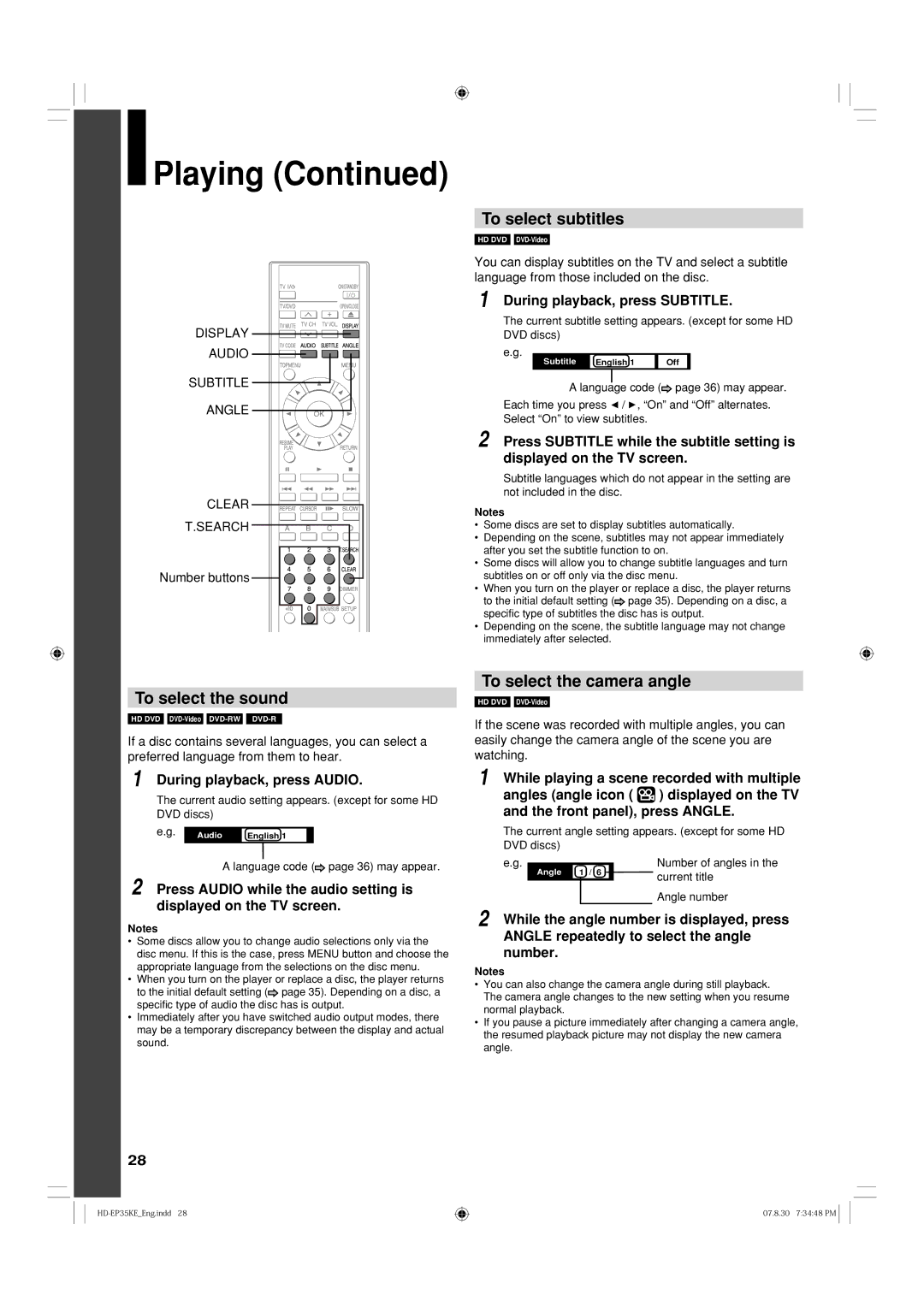 Toshiba HD-EP35KB To select subtitles, To select the sound, To select the camera angle, During playback, press Subtitle 