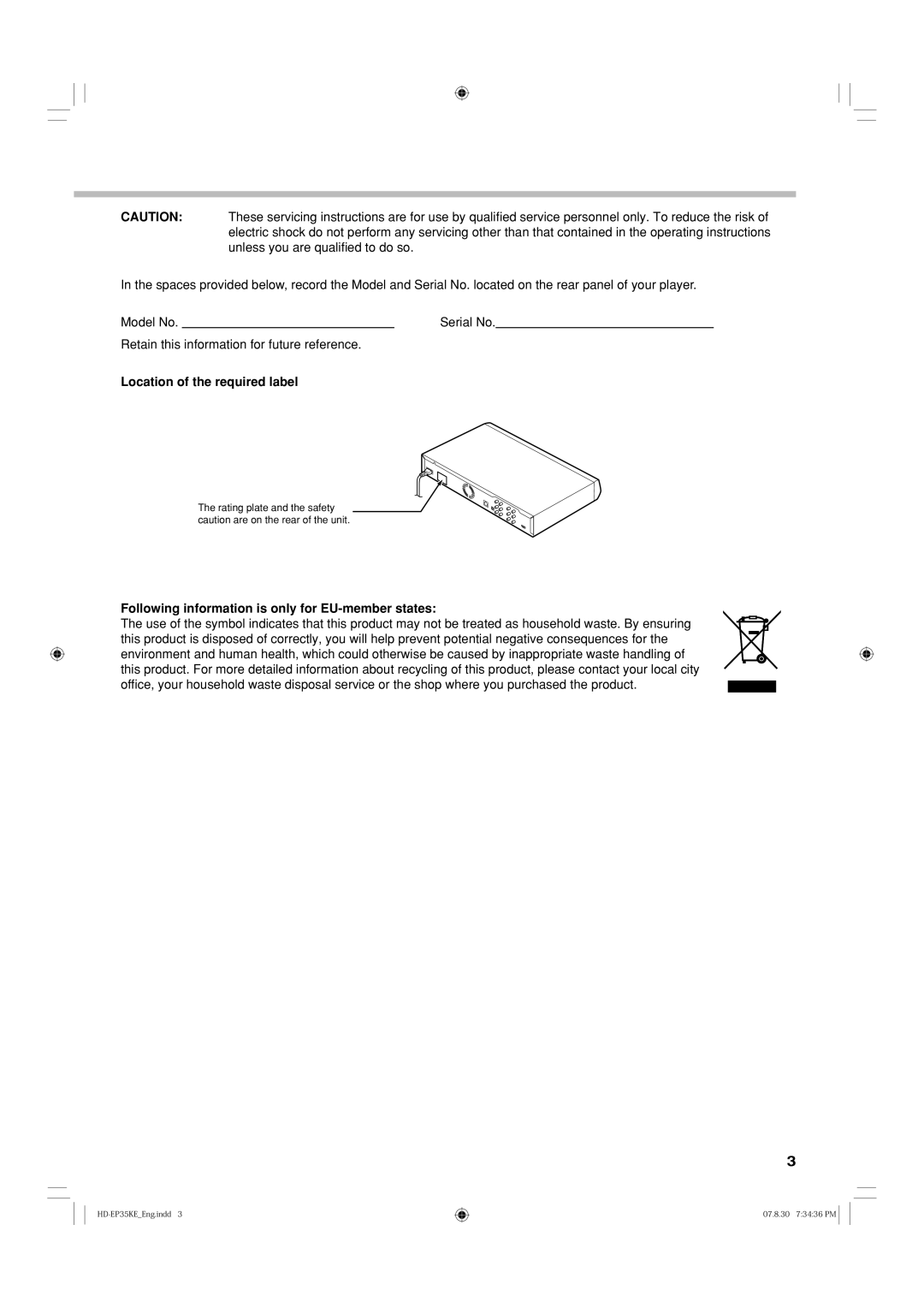 Toshiba HD-EP35KB manual Location of the required label, Following information is only for EU-member states 