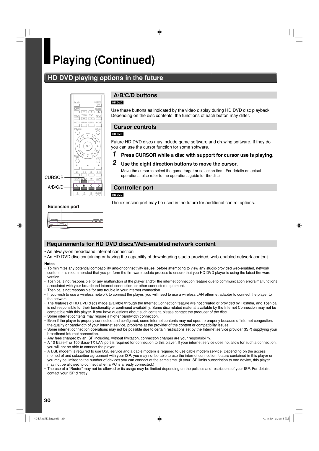 Toshiba HD-EP35KB manual HD DVD playing options in the future, C/D buttons, Cursor controls, Controller port 