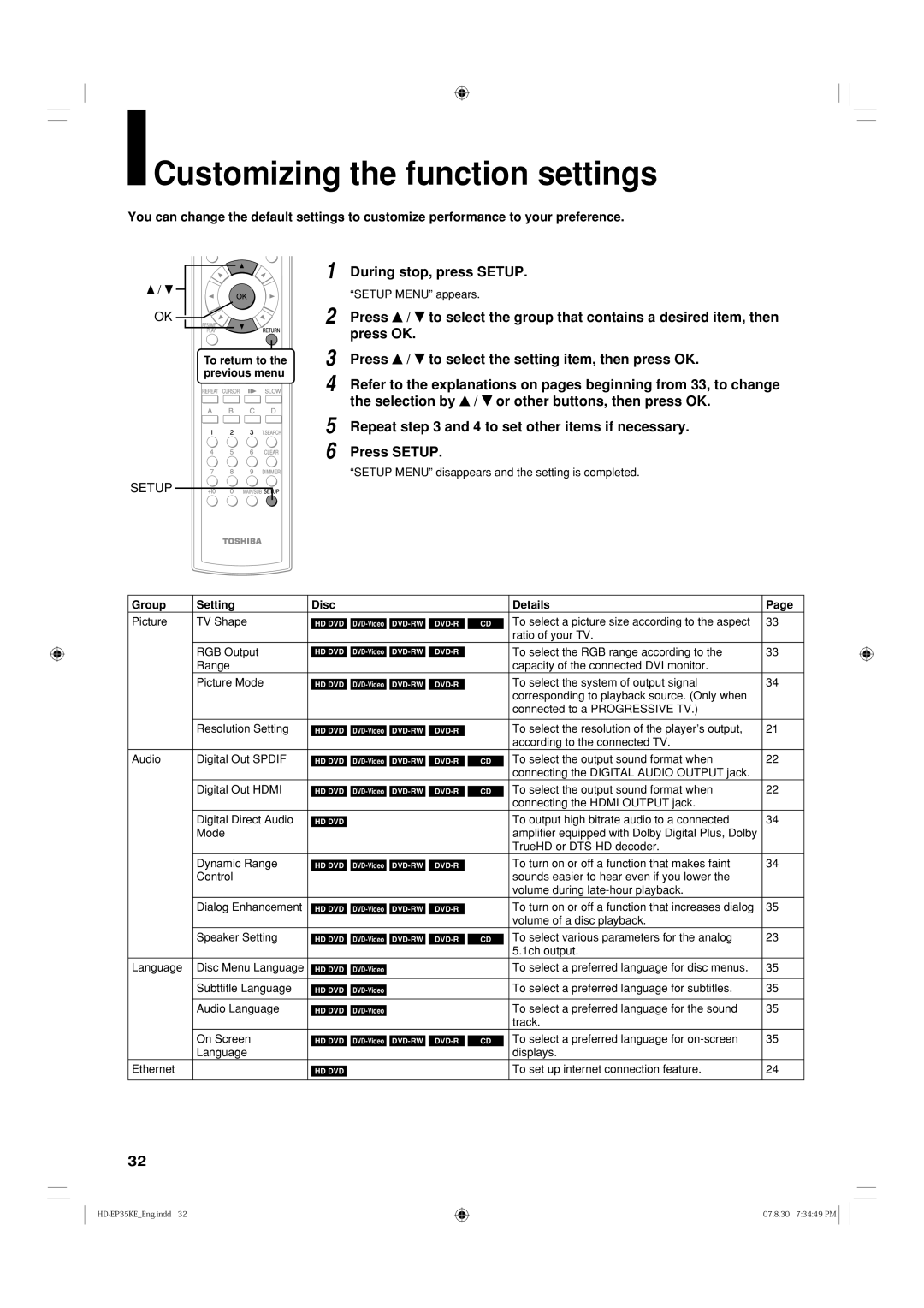 Toshiba HD-EP35KB manual Customizing the function settings, During stop, press Setup, To return to the previous menu 