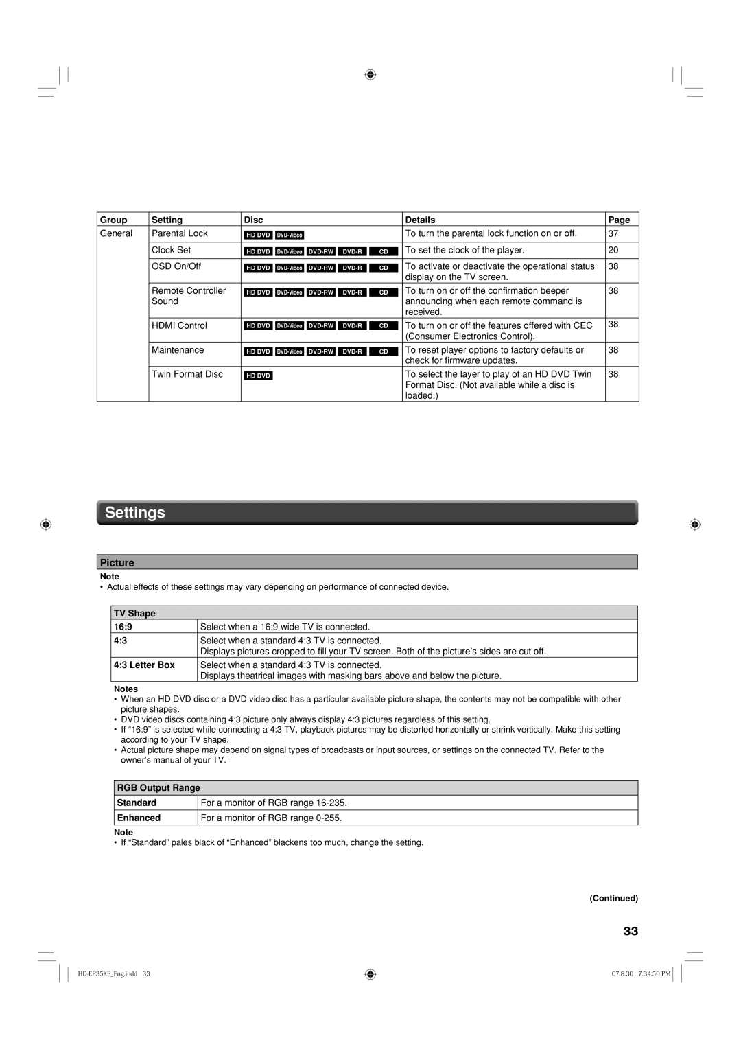 Toshiba HD-EP35KB manual Settings, Picture 