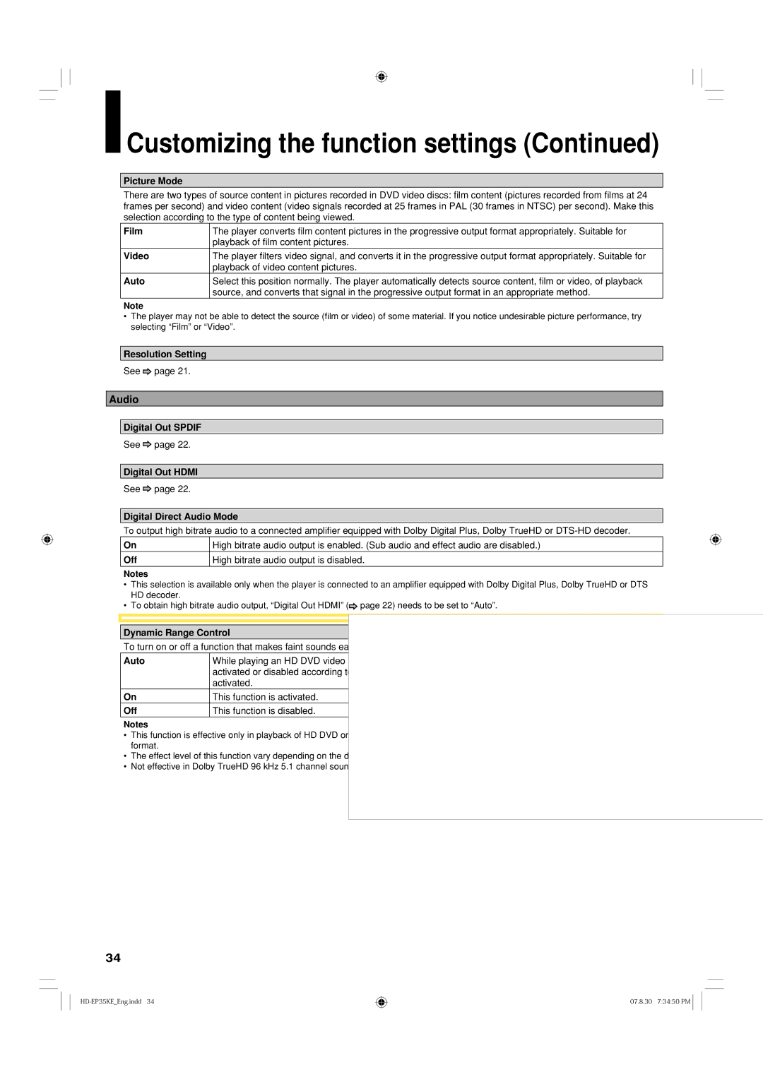 Toshiba HD-EP35KB manual Audio 