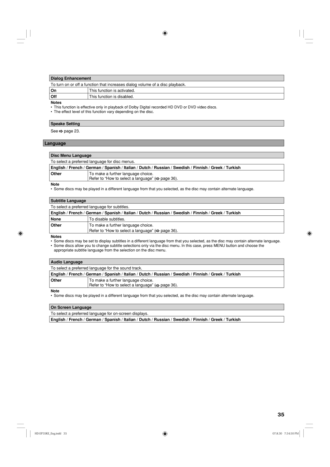 Toshiba HD-EP35KB manual Language 