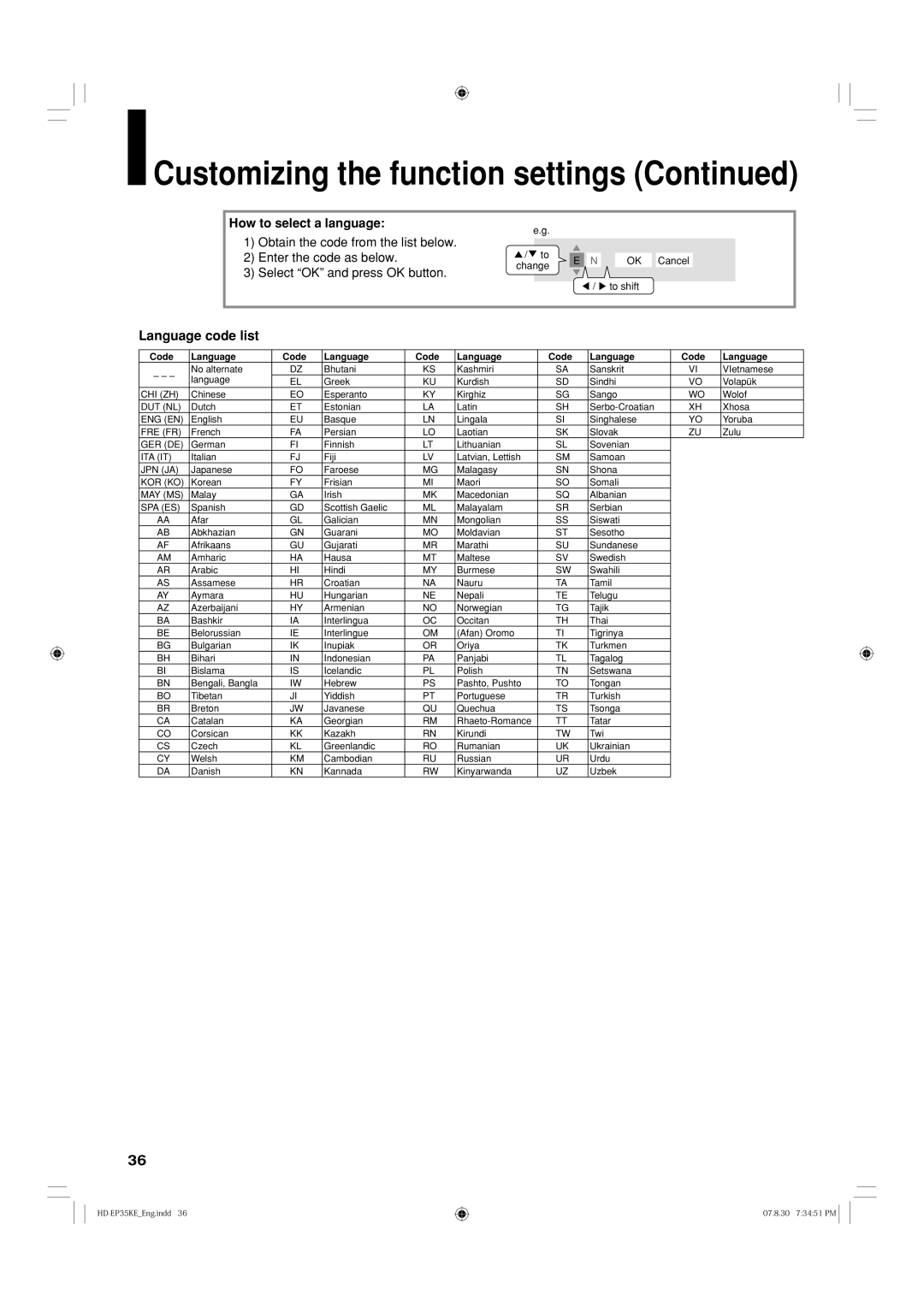 Toshiba HD-EP35KB manual Language code list, How to select a language 