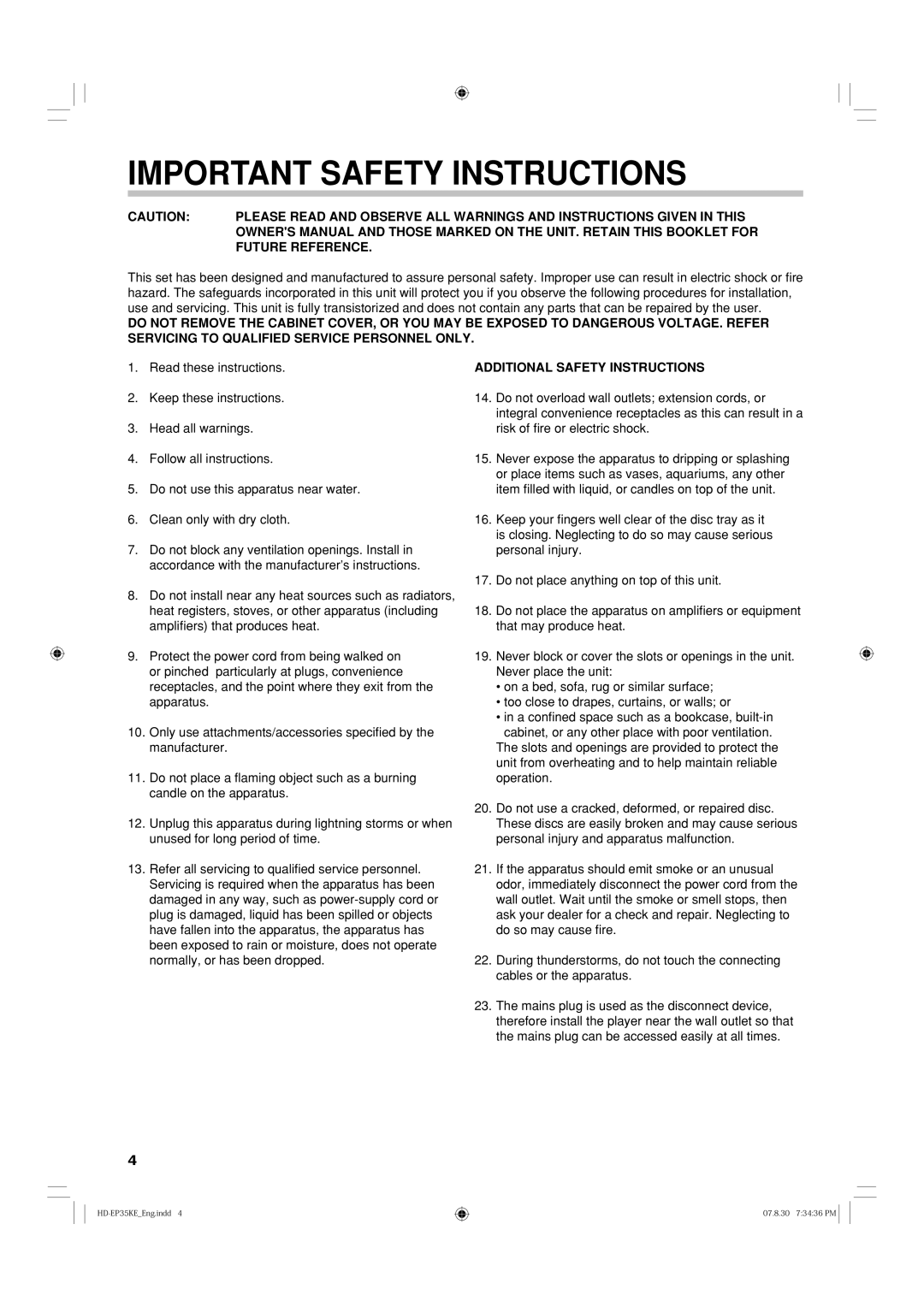 Toshiba HD-EP35KB manual Important Safety Instructions 