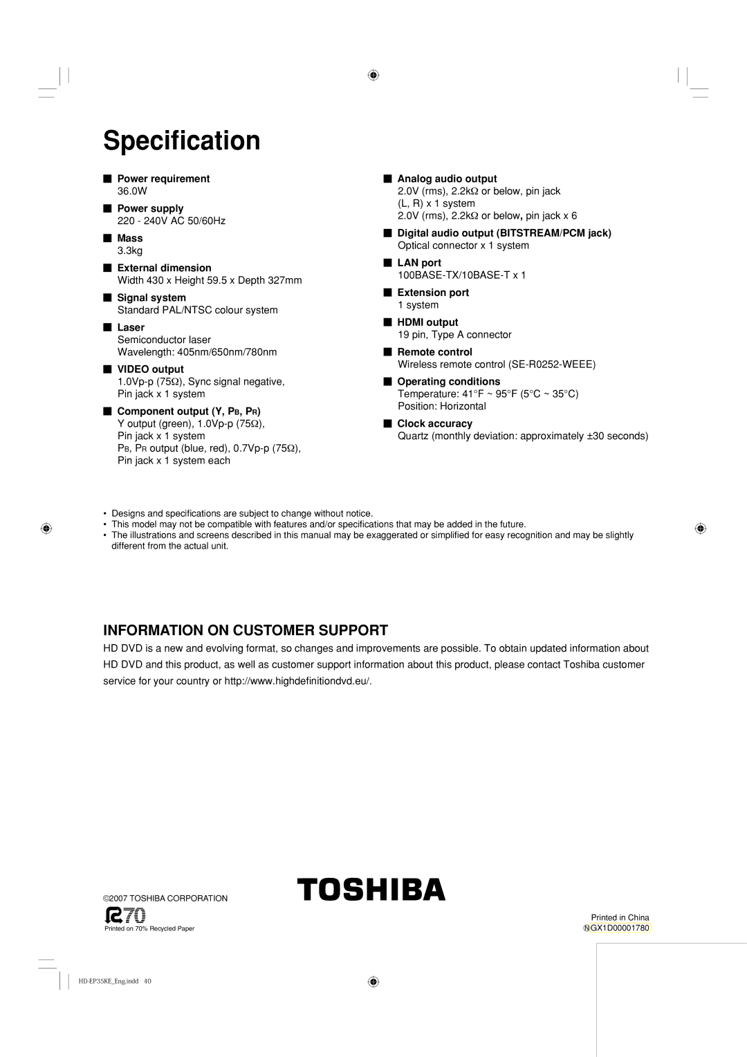 Toshiba HD-EP35KB manual Speciﬁcation 