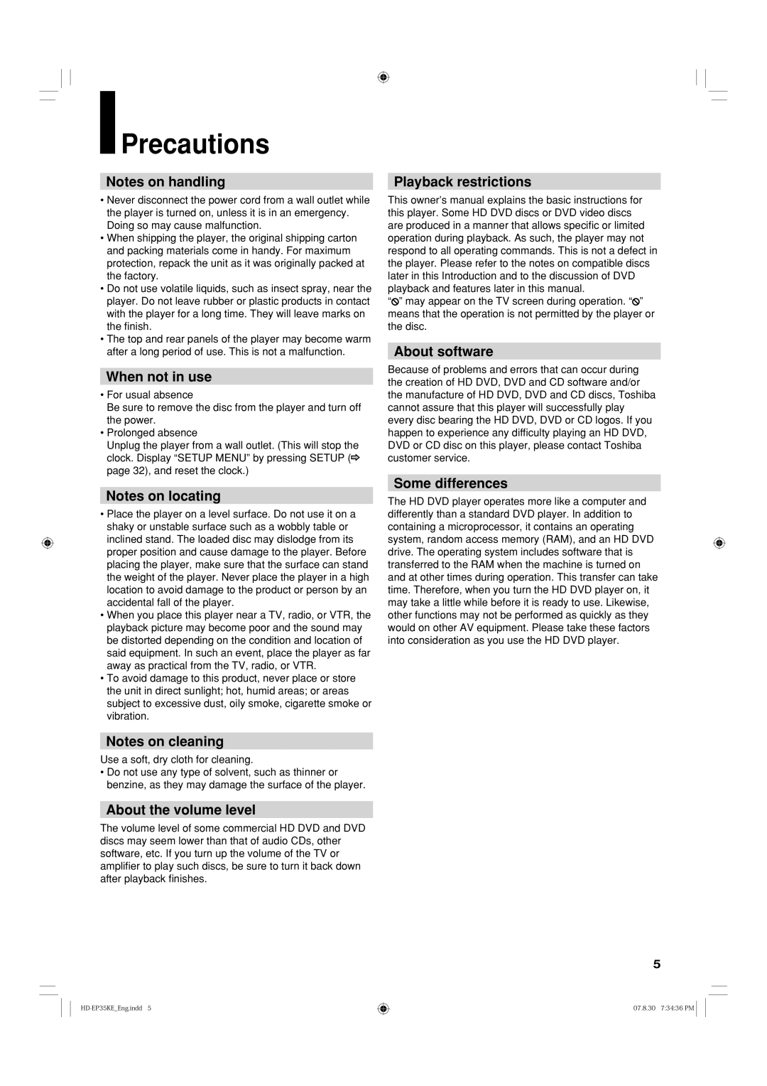 Toshiba HD-EP35KB manual Precautions 