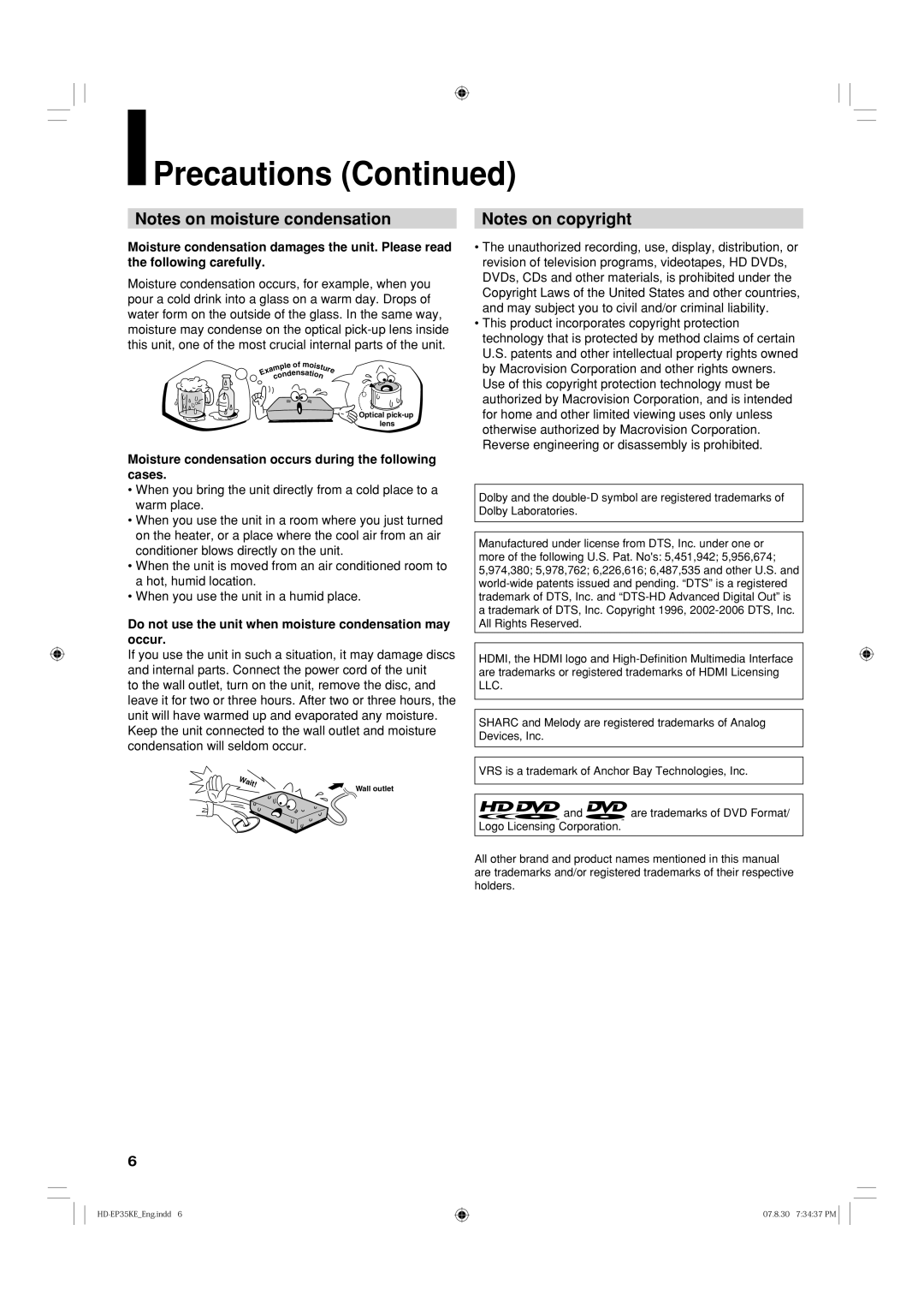 Toshiba HD-EP35KB manual Moisture condensation occurs during the following cases 