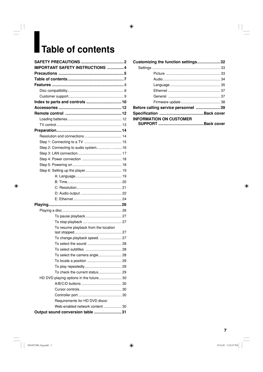 Toshiba HD-EP35KB manual Table of contents 