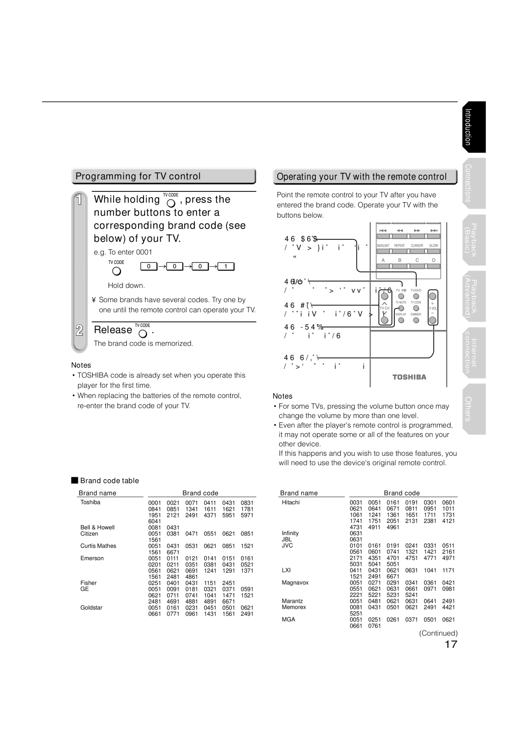 Toshiba hd-xa1kn, HD-XA1 owner manual While holding, Release, Programming for TV control 