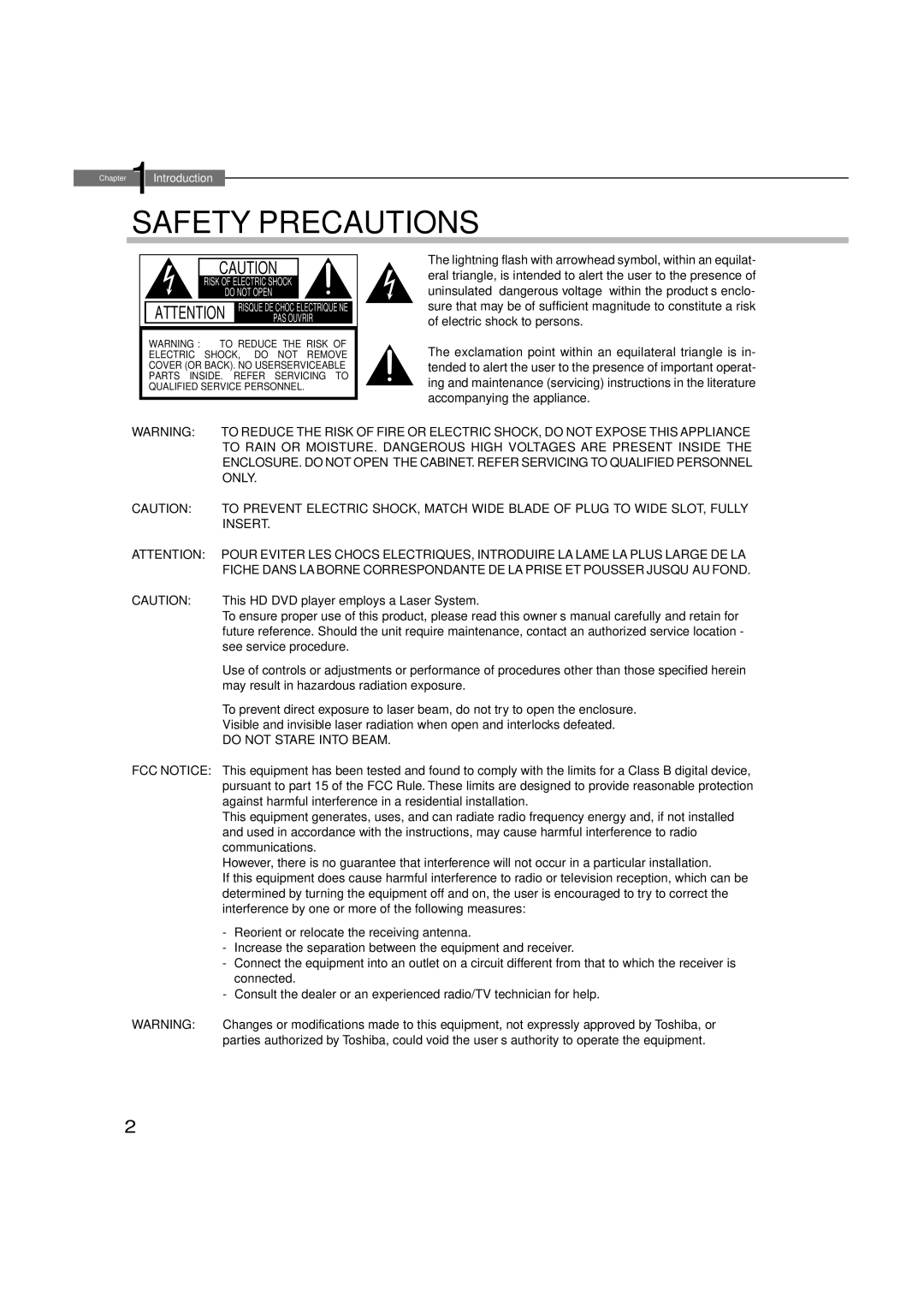 Toshiba HD-XA1, hd-xa1kn owner manual This HD DVD player employs a Laser System, See service procedure 