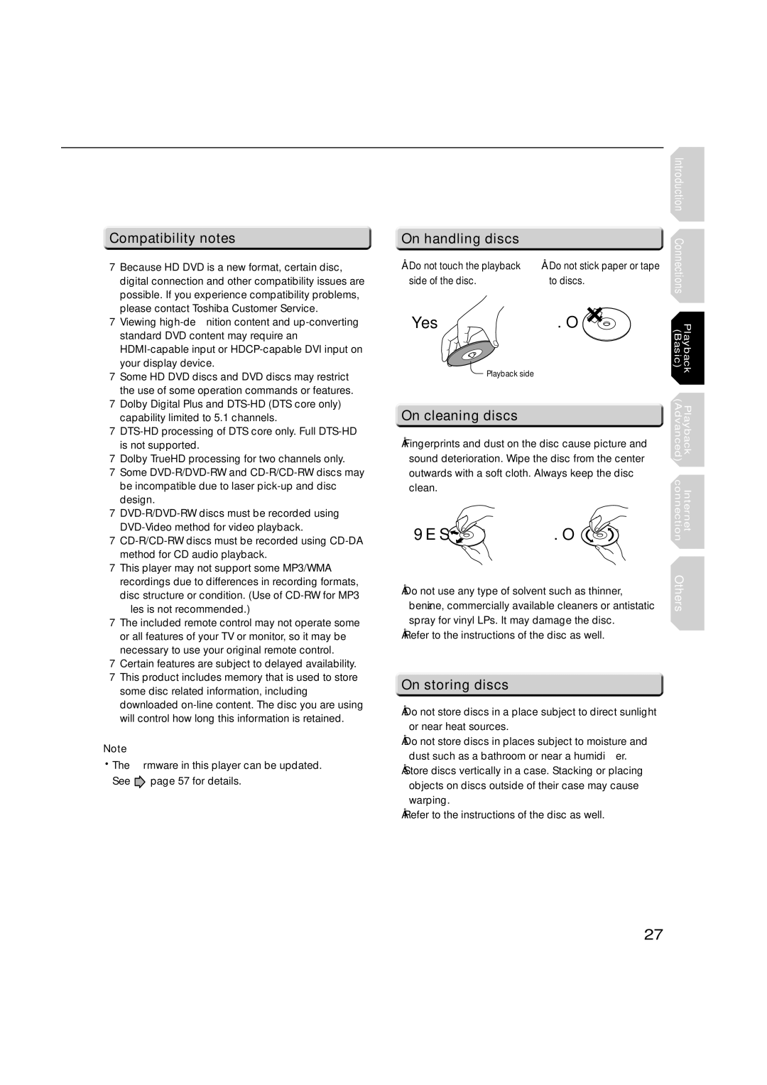 Toshiba hd-xa1kn, HD-XA1 owner manual On handling discs, On cleaning discs, On storing discs 