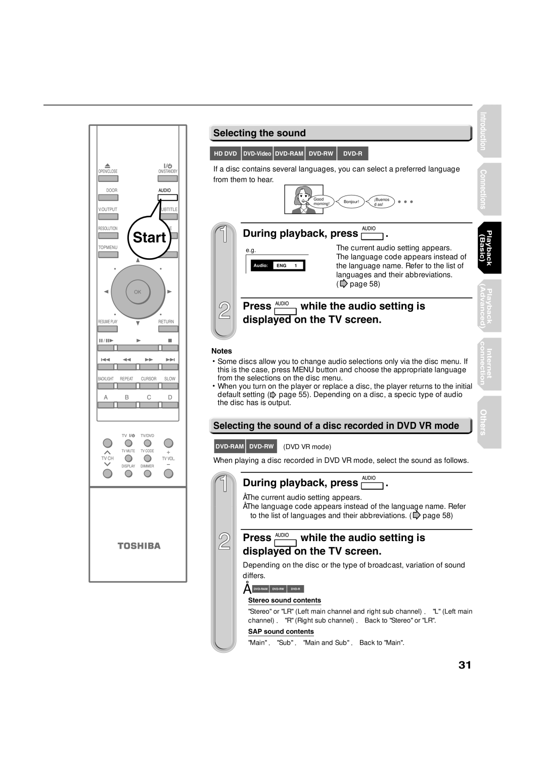 Toshiba hd-xa1kn, HD-XA1 owner manual During playback, press, Displayed on the TV screen, Selecting the sound 