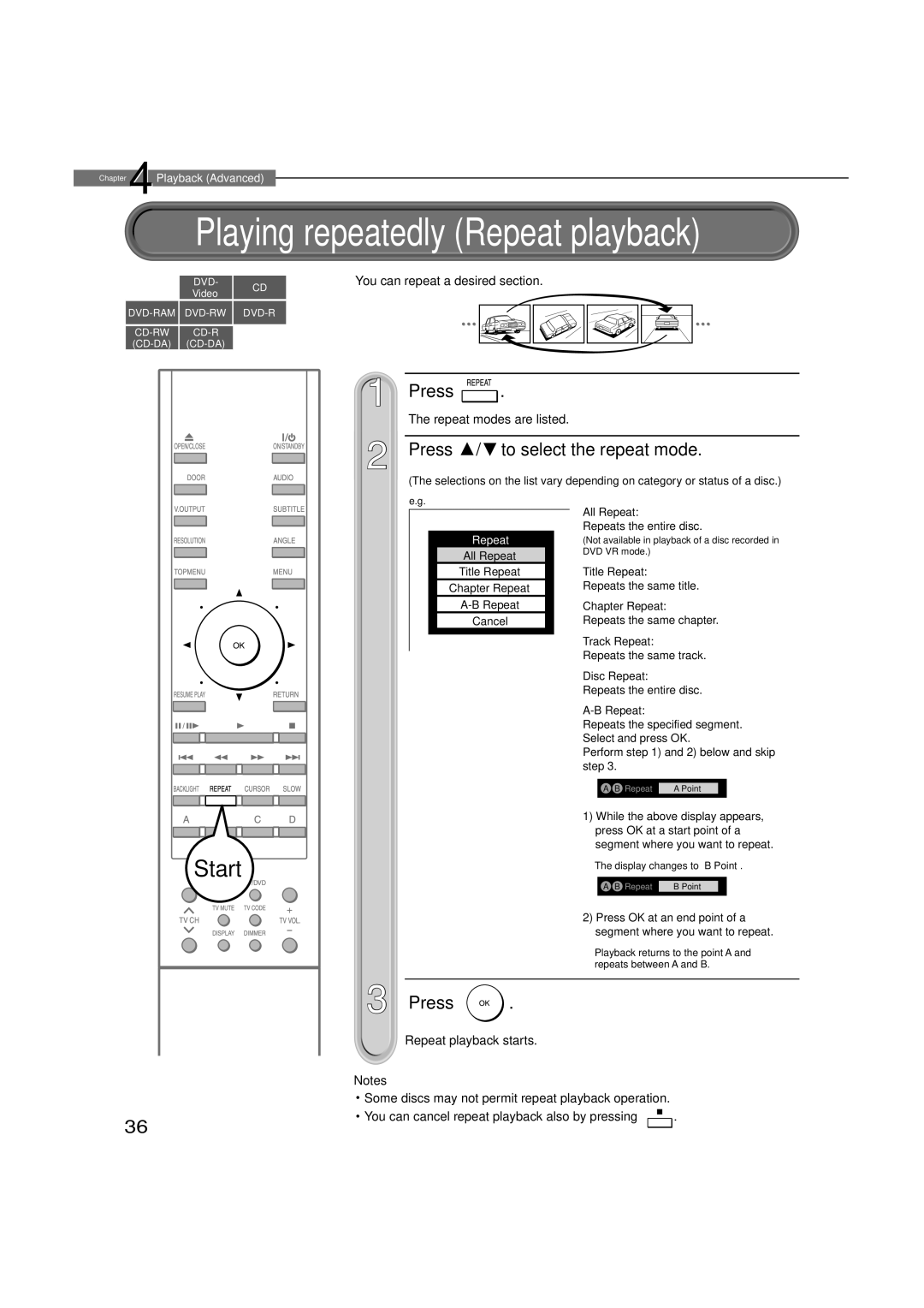 Toshiba HD-XA1, hd-xa1kn owner manual Press / to select the repeat mode, You can repeat a desired section 