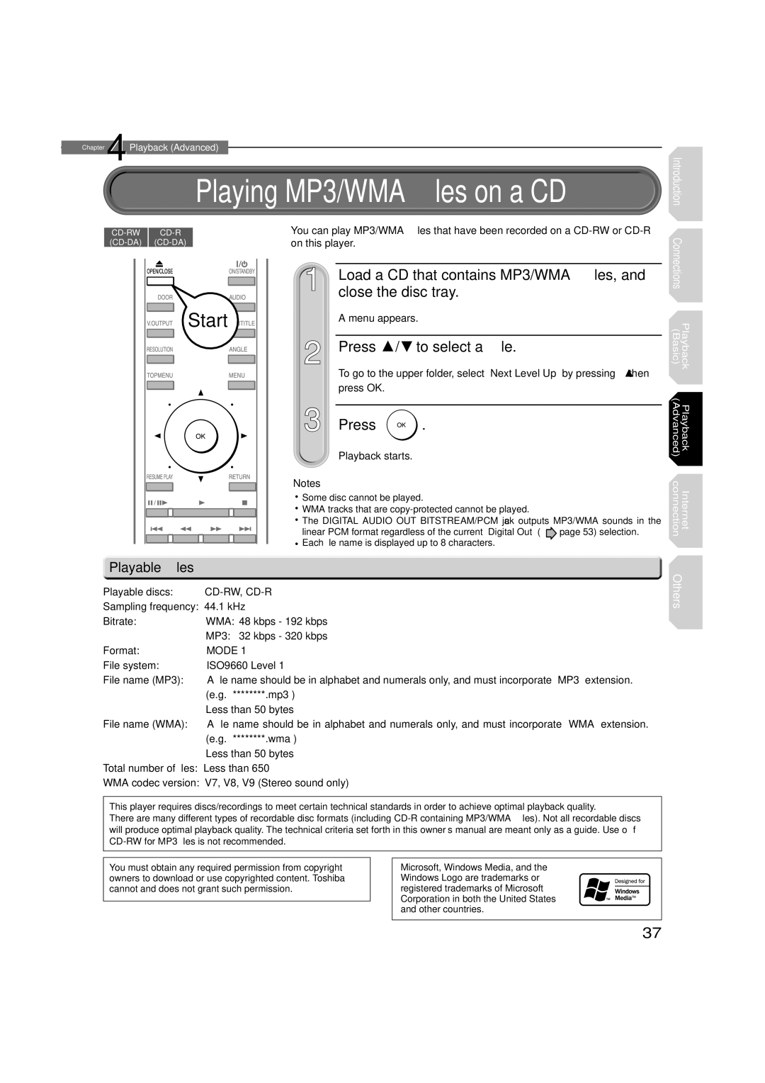 Toshiba hd-xa1kn Playing MP3/WMA ﬁles on a CD, Load a CD that contains MP3/WMA ﬁles, Close the disc tray, Playable ﬁles 