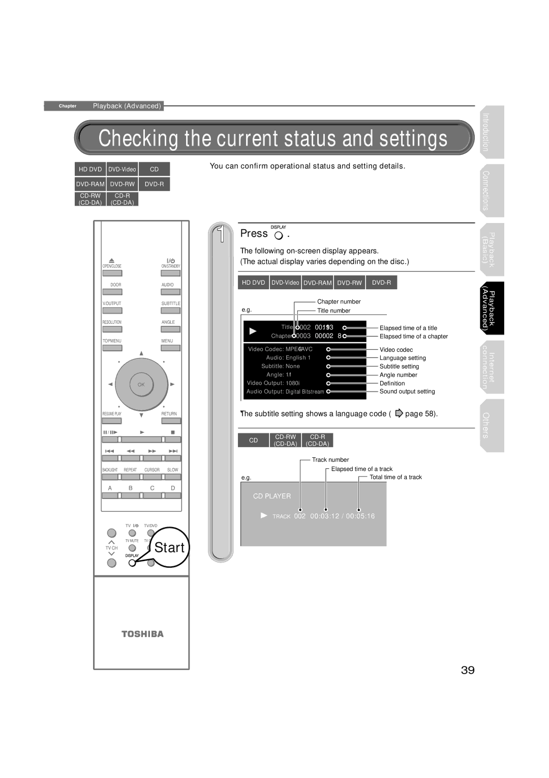 Toshiba hd-xa1kn, HD-XA1 owner manual Checking the current status and settings 