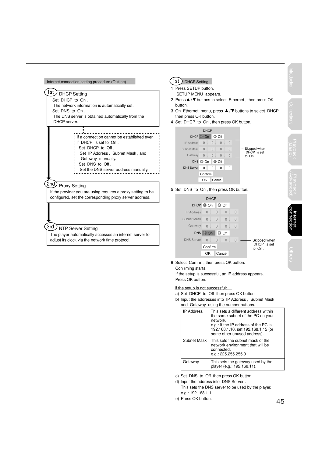 Toshiba hd-xa1kn, HD-XA1 owner manual 1st Dhcp Setting, 2nd Proxy Setting, 3rd NTP Server Setting 