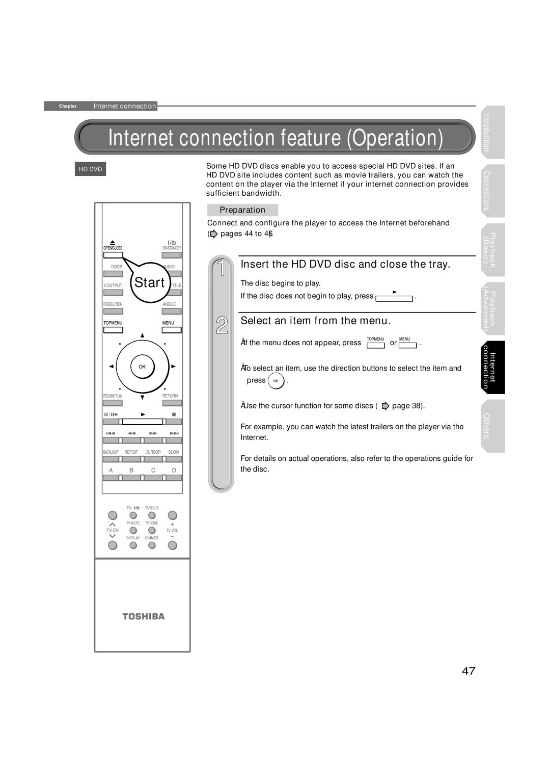 Toshiba hd-xa1kn, HD-XA1 owner manual Select an item from the menu, Sufﬁcient bandwidth, Pages 44 to 