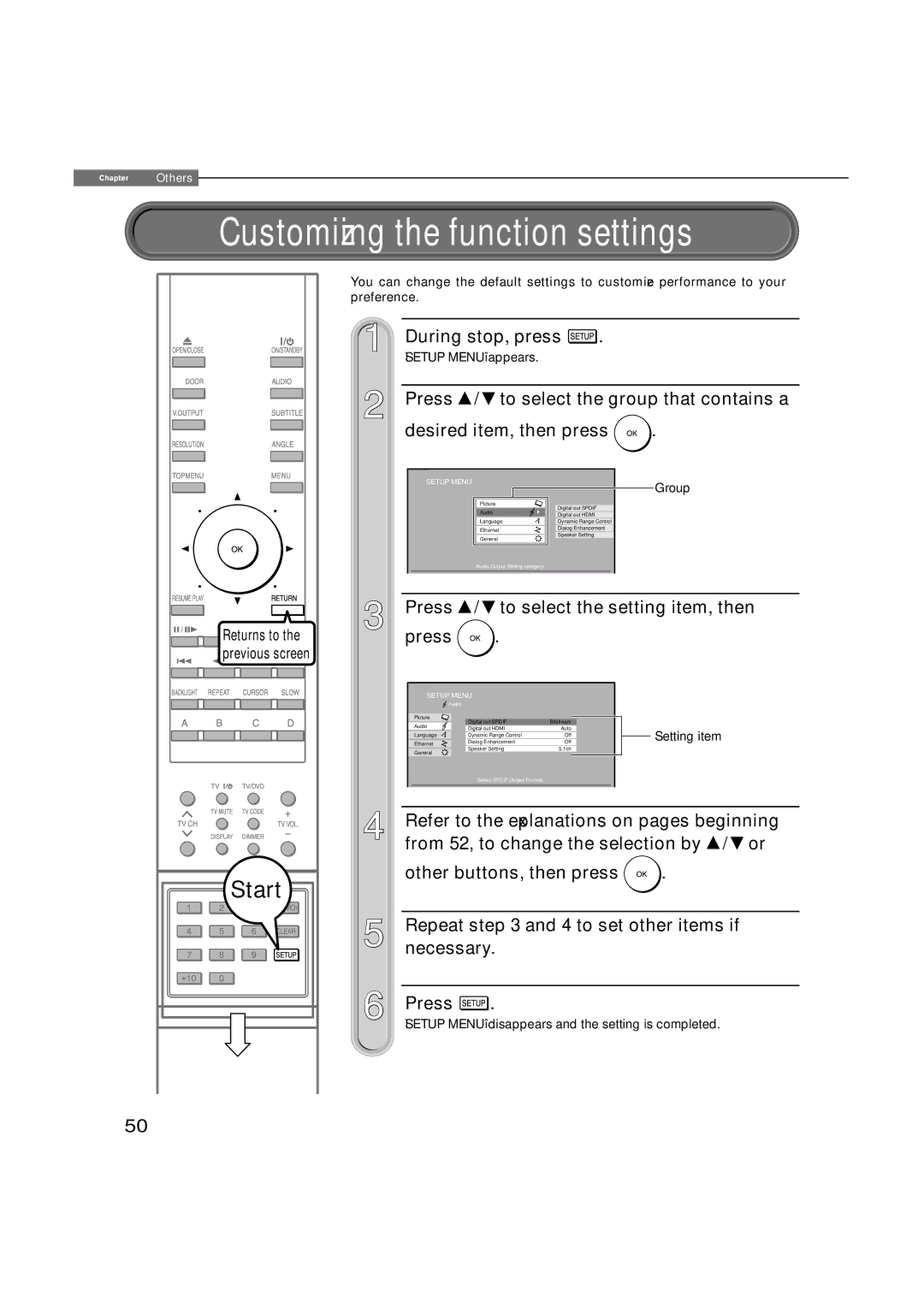 Toshiba HD-XA1 Customizing the function settings, During stop, press, Press / to select the setting item, then, Returns to 