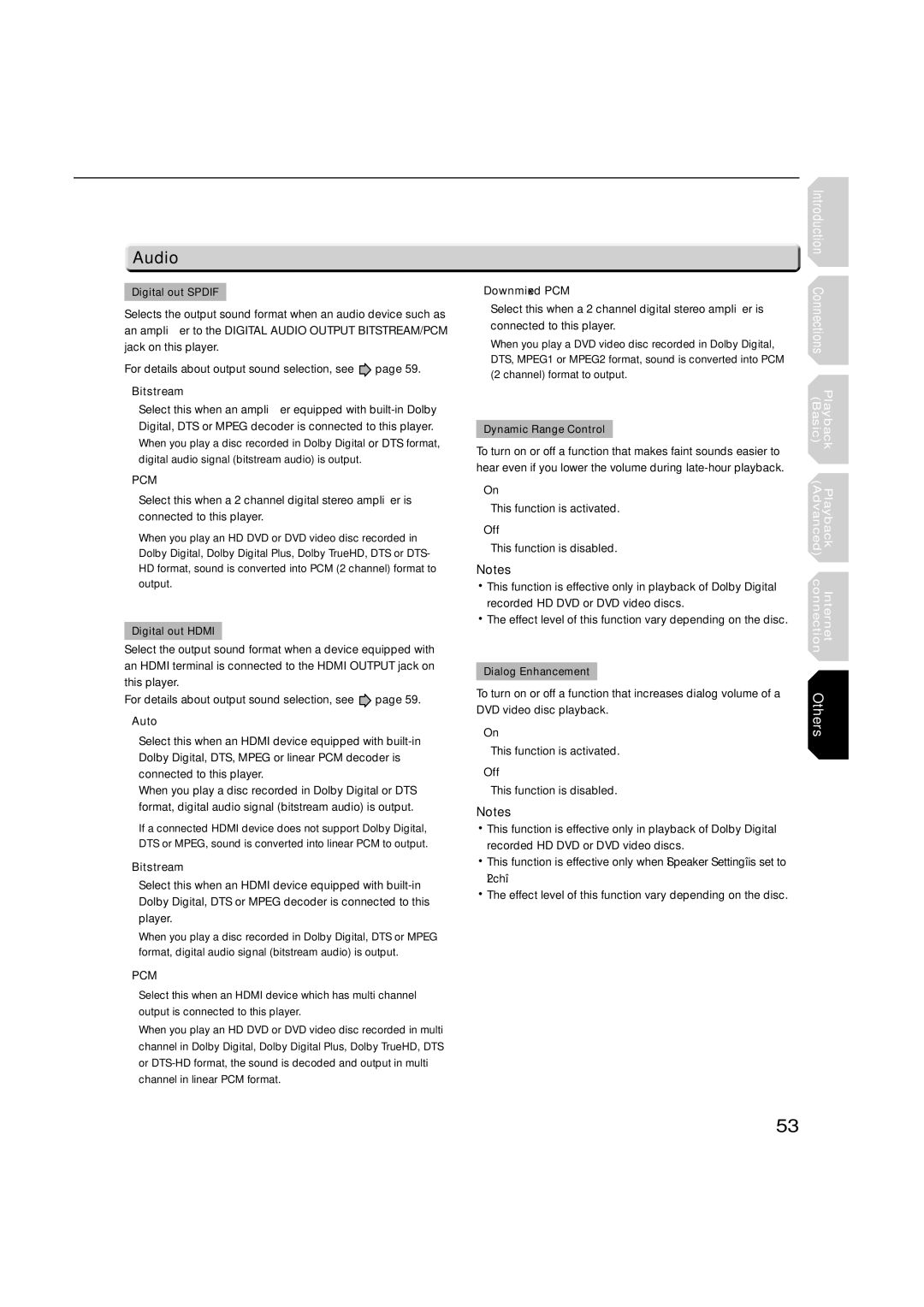 Toshiba hd-xa1kn, HD-XA1 owner manual Audio, Bitstream, Downmixed PCM 