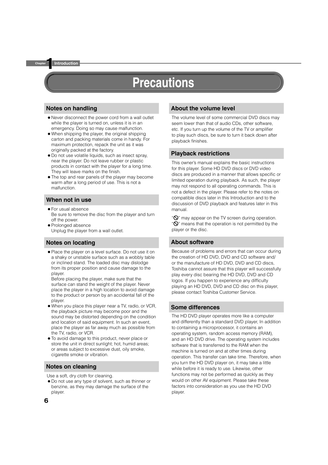 Toshiba HD-XA1, hd-xa1kn owner manual Precautions 