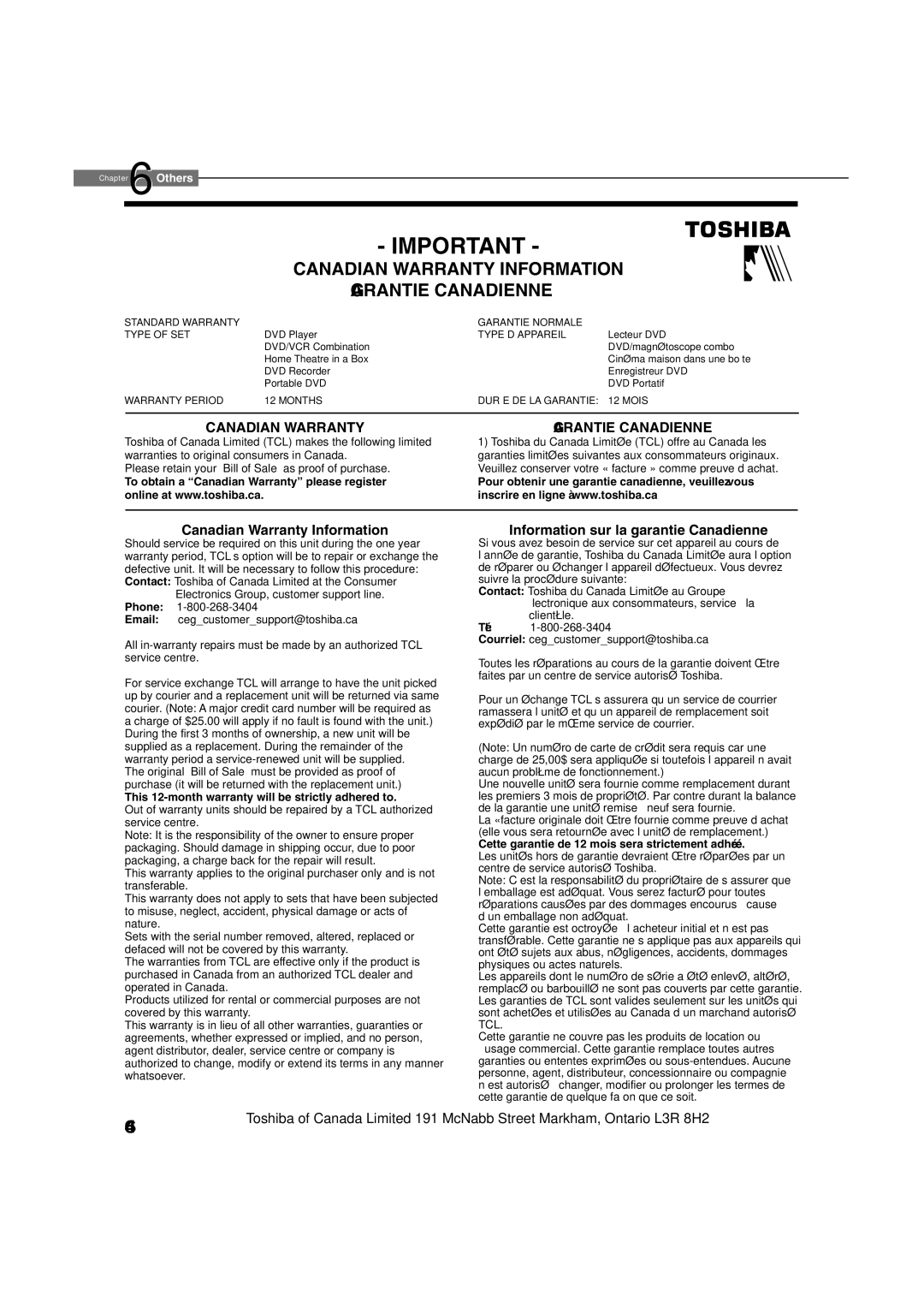 Toshiba HD-XA1 Canadian Warranty Information Garantie Canadienne, This 12-month warranty will be strictly adhered to 