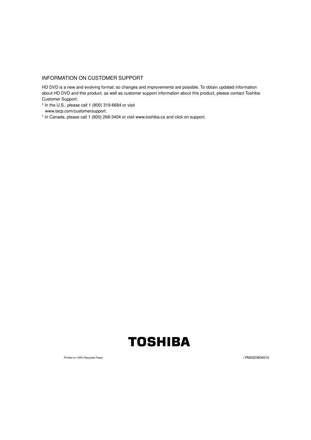 Toshiba HD-XA1, hd-xa1kn owner manual Information on Customer Support 