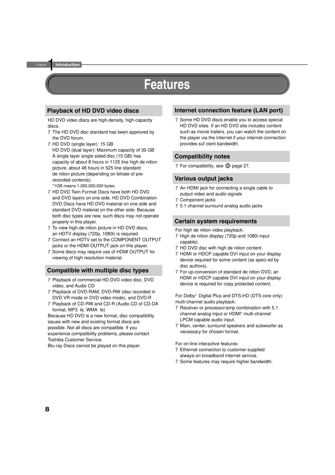 Toshiba HD-XA1, hd-xa1kn owner manual Features 