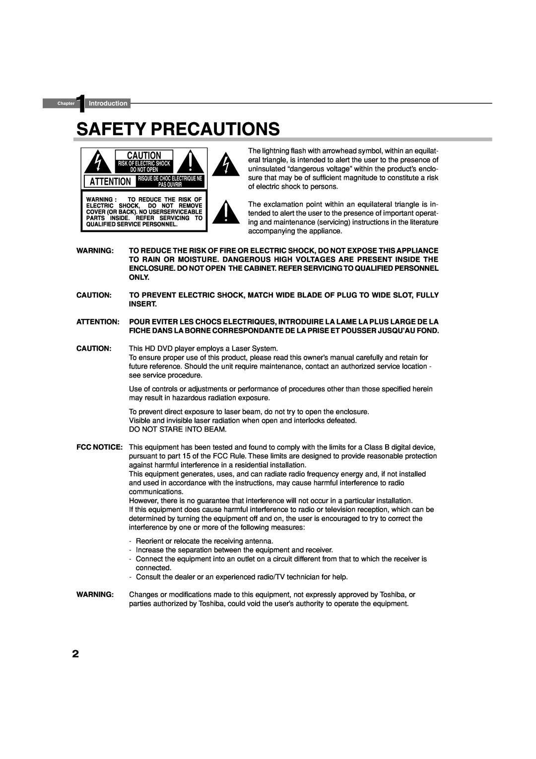 Toshiba HD-XA1, hd-xa1kn owner manual Safety Precautions 