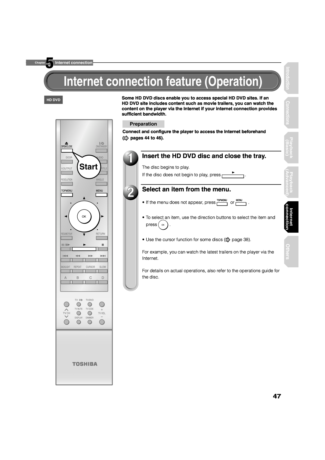 Toshiba hd-xa1kn Internet connection feature Operation, Select an item from the menu, Start, Basic, Playback, Others 