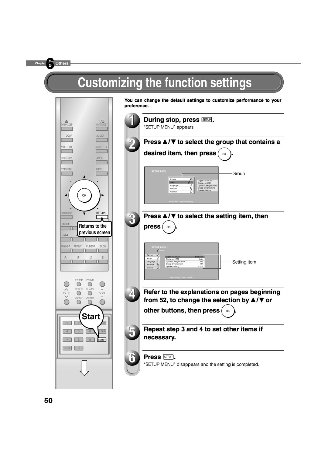 Toshiba HD-XA1 Customizing the function settings, During stop, press, Press / to select the group that contains a, Start 