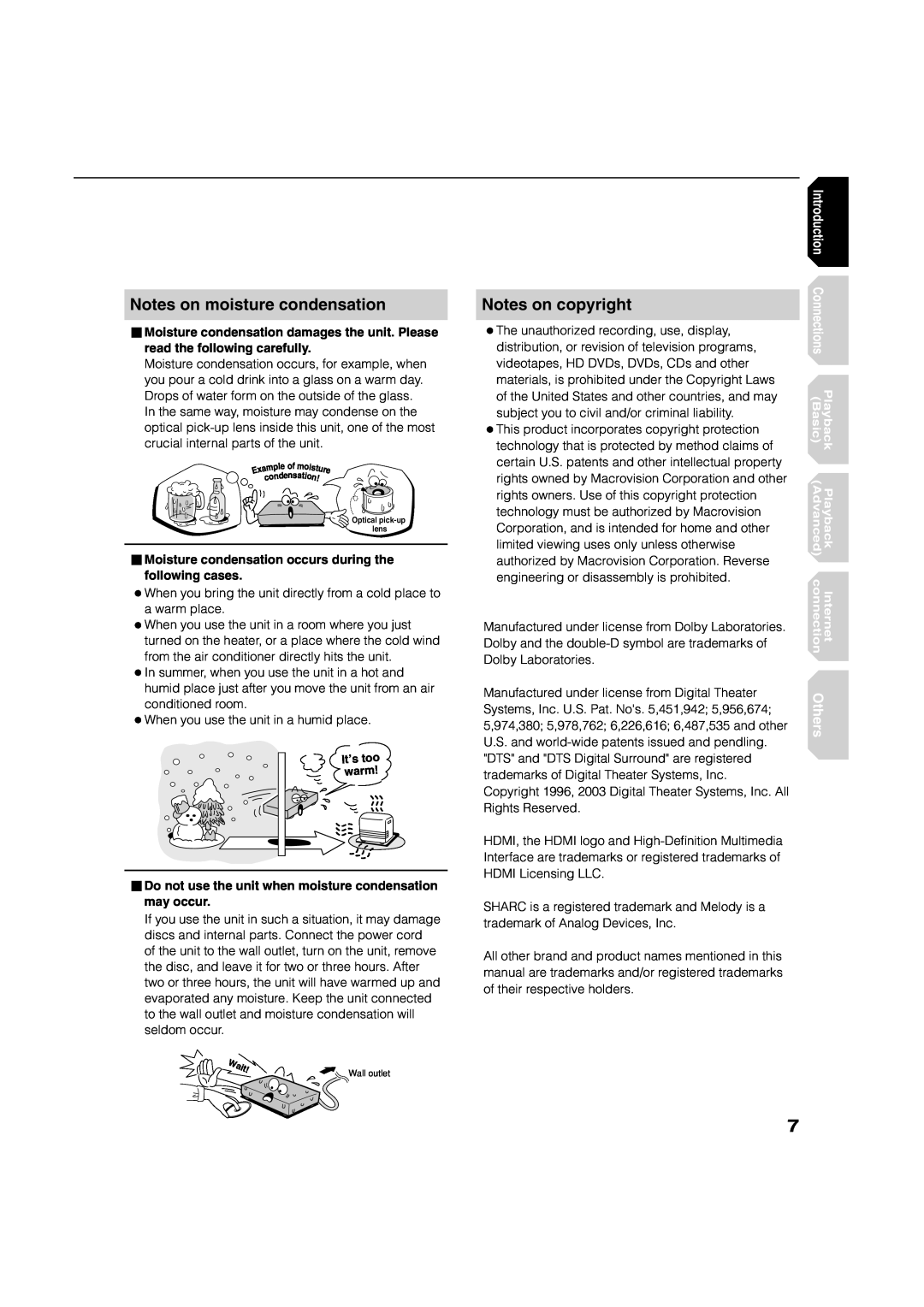 Toshiba hd-xa1kn, HD-XA1 Notes on moisture condensation, Notes on copyright, Basic, Playback, Internet, Others, Advanced 