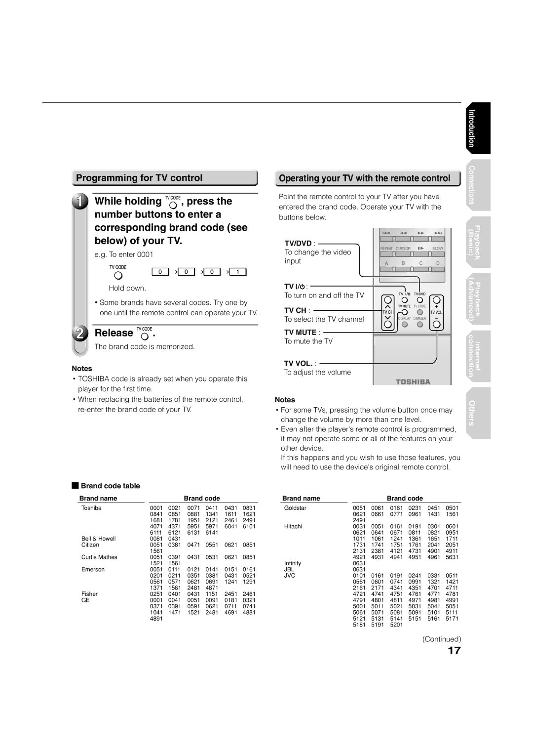 Toshiba HD-XA2KN owner manual While holding, Release, Programming for TV control, Brand code table, Brand name Brand code 