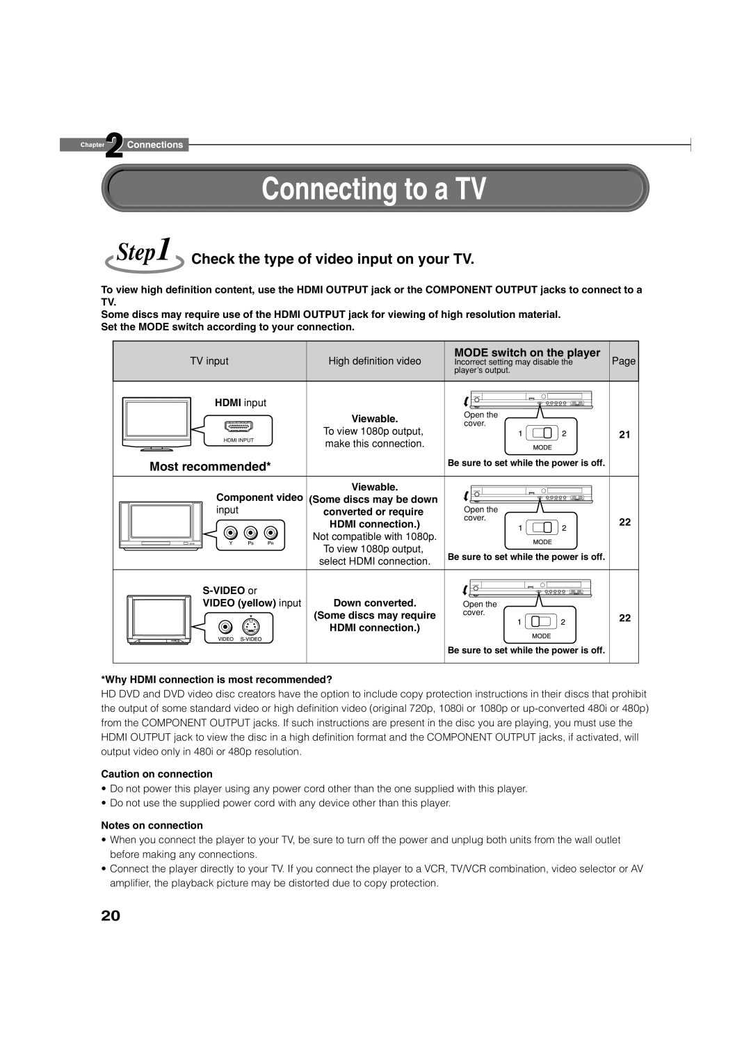 Toshiba HD-XA2KN owner manual Connecting to a TV, Check the type of video input on your TV, Mode switch on the player 