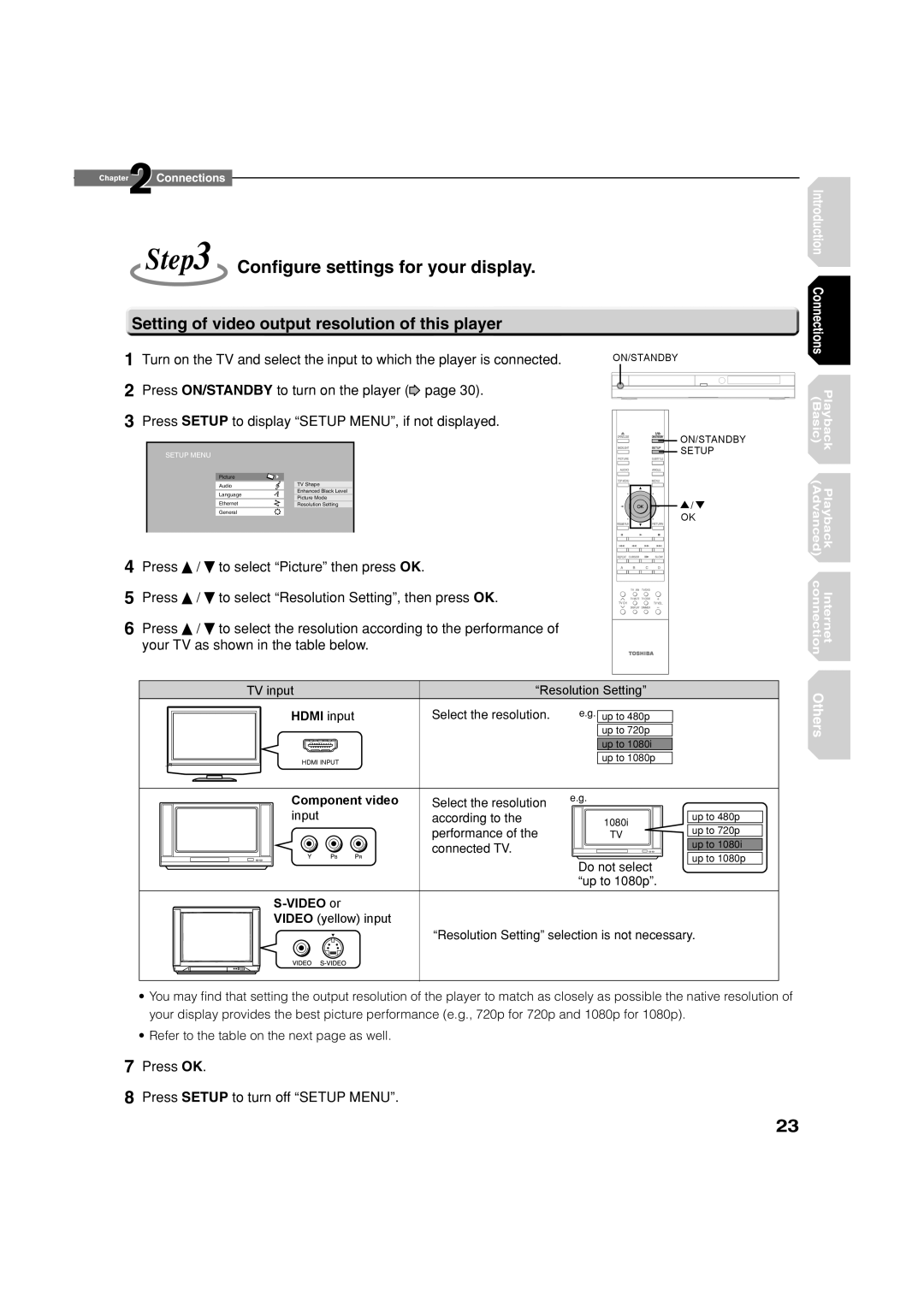 Toshiba HD-XA2KN owner manual Conﬁgure settings for your display, Setting of video output resolution of this player 