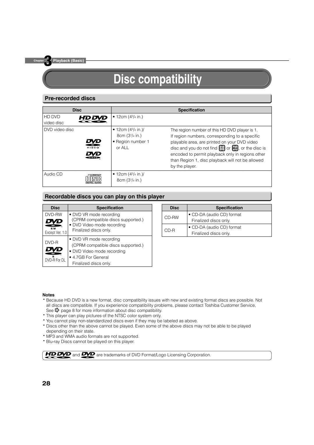 Toshiba HD-XA2 Disc compatibility, Pre-recorded discs, Recordable discs you can play on this player, Disc Speciﬁcation 