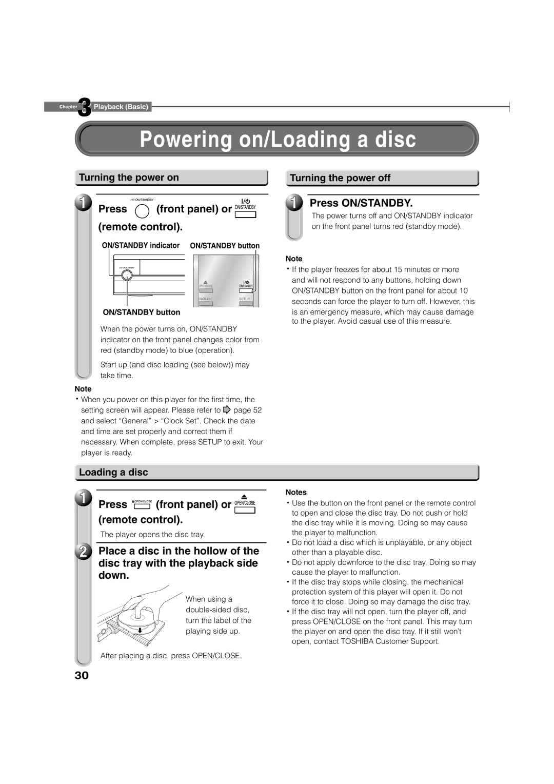 Toshiba HD-XA2KN owner manual Powering on/Loading a disc, Press Front panel or Remote control, Press ON/STANDBY 