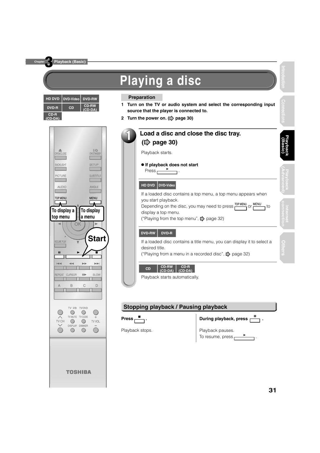 Toshiba HD-XA2KN Playing a disc, Stopping playback / Pausing playback, To display a, If playback does not start 