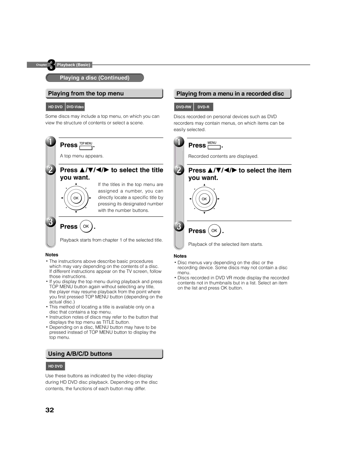 Toshiba HD-XA2 Press To select the title You want, Press / / / to select the item you want, Playing from the top menu 