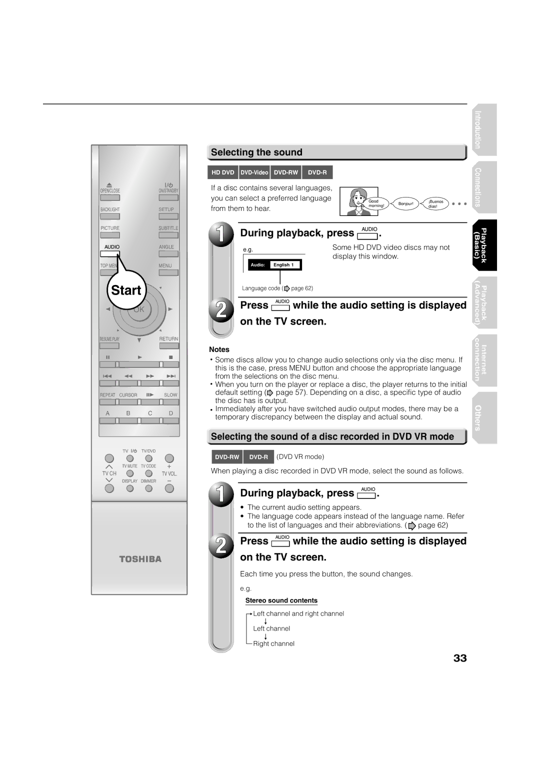 Toshiba HD-XA2KN During playback, press, Press while the audio setting is displayed on the TV screen, On the TV screen 