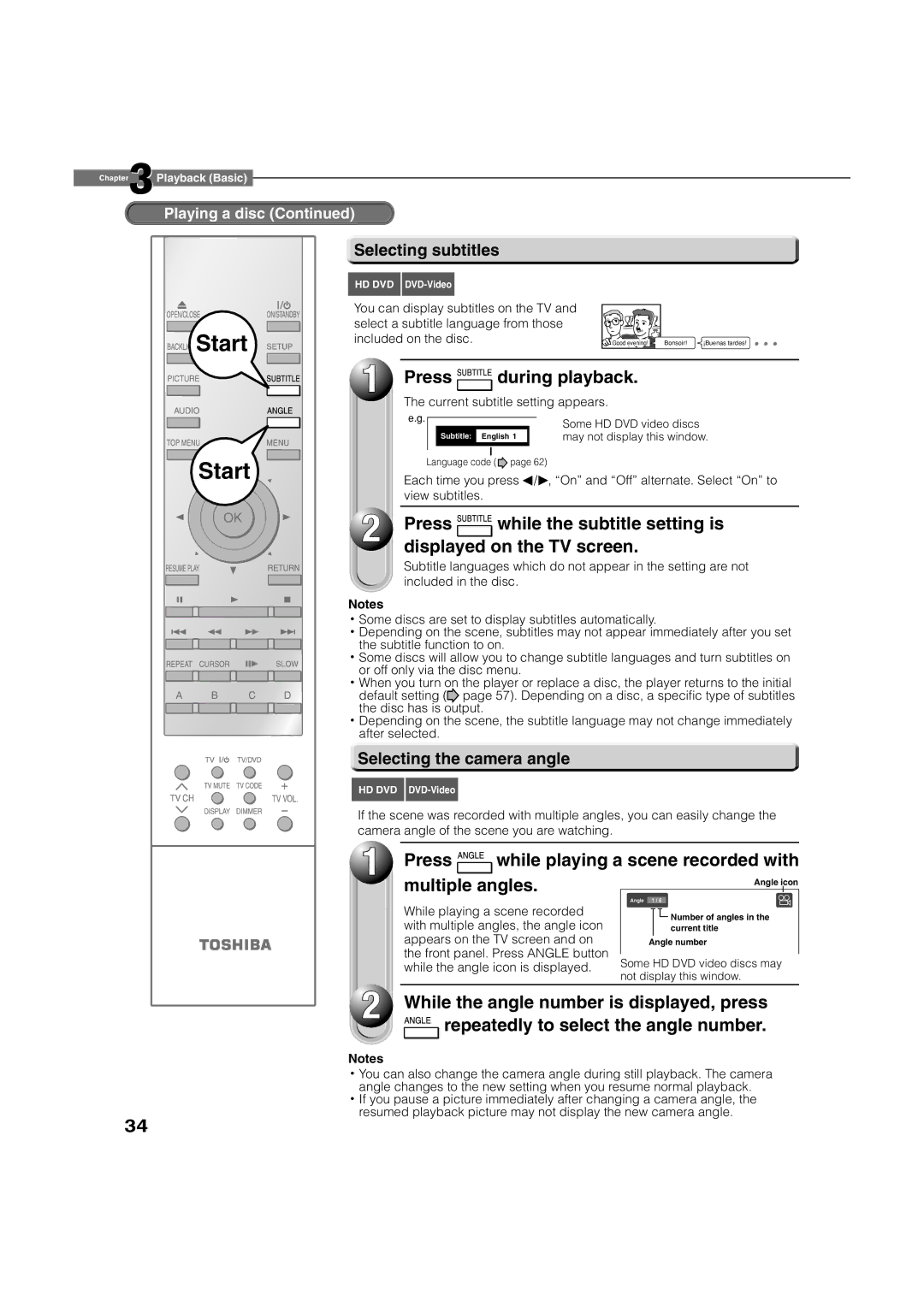 Toshiba HD-XA2KN owner manual Multiple angles, Selecting the camera angle, While the angle number is displayed, press 