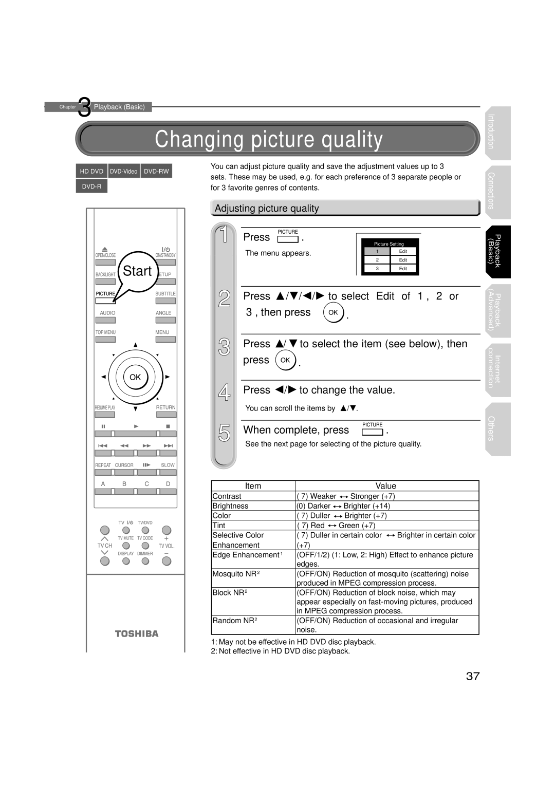 Toshiba HD-XA2KN Changing picture quality, When complete, press, Adjusting picture quality, Value, Menu appears 